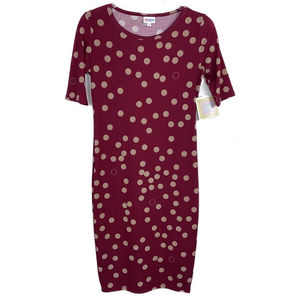 4/$16 LuLaRoe Julia Dark Red Tan Polka Dot Short Sleeve Sheath Dress XS NWT